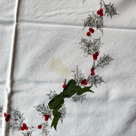 Vintage Christmas holiday tablecloth square printed cotton AS FOUND with stains - Picture 7 of 12